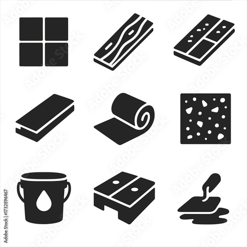 Flooring Material Icons. Solid style icons of flooring materials: ceramic tile, wood plank, vinyl flooring, laminate board, carpet