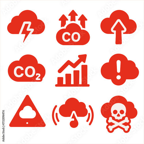 Critical Cloud Warnings. Solid style icons of warning and critical levels: red cloud alert, high emission cloud, critical CO₂
