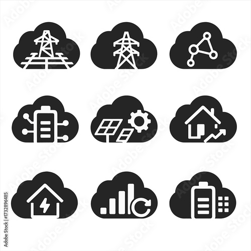 Smart Grid Icons. Solid style icons of smart grid and infrastructure: cloud with electric grid, cloud with power line, cloud with