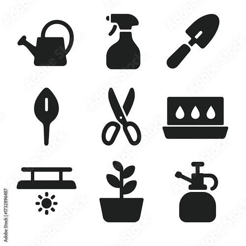 Indoor Garden Tool Icons. Solid style icons of indoor gardening tools: mini watering can, spritzer, indoor spade, moisture meter,