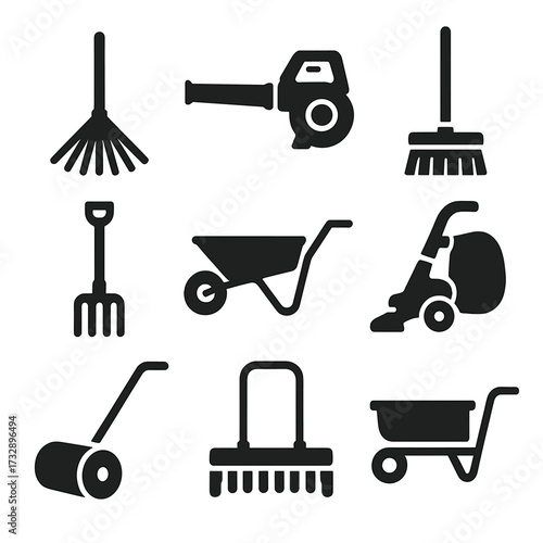 Garden Tool Icons. Solid style icons of garden maintenance tools: rake, leaf blower, garden broom, compost fork, wheelbarrow,