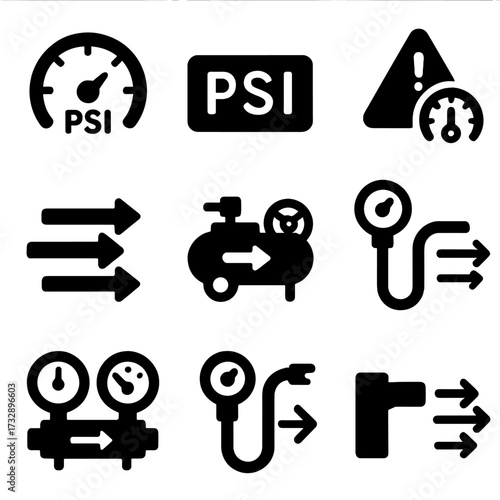 PSI Indicator Icons. Solid style icons of air flow and PSI indicators: PSI dial, digital PSI screen, low-pressure warning,