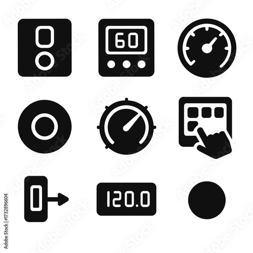 Compressor Control Icons. Solid style icons of compressor control elements: start/stop switch, digital control panel, analog