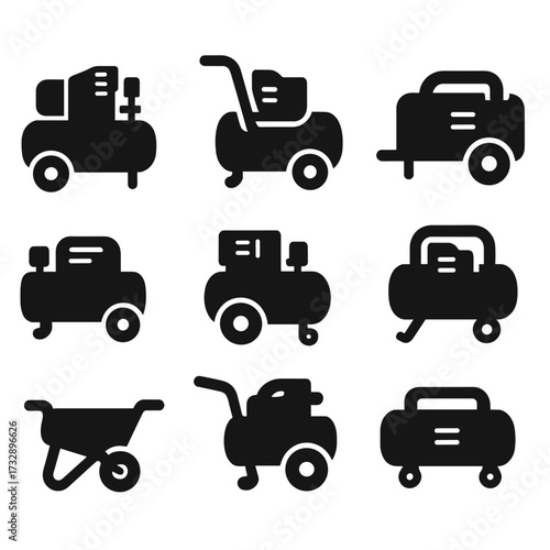 Compressor Transport Icons. Solid style icons of compressor transportation and mobility: wheeled base unit, foldable handle,