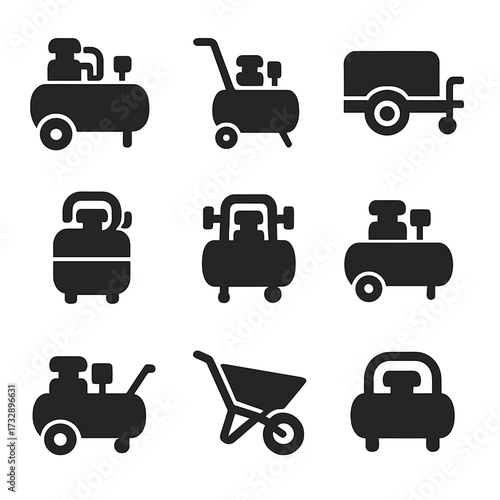 Compressor Transport Icons. Solid style icons of compressor transportation and mobility: wheeled base unit, foldable handle,
