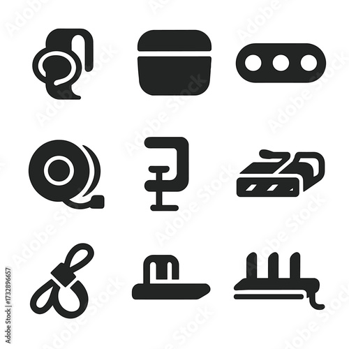 Cable Management Icons. Solid style icons of cable organizers and management tools: cable wrap clip, charging box, silicone holder