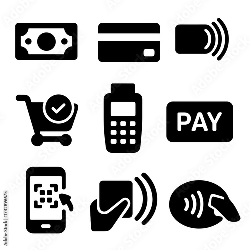Payment Method Icons. Solid style icons of payment methods: cash, debit card, credit card, contactless chip, online checkout icon,