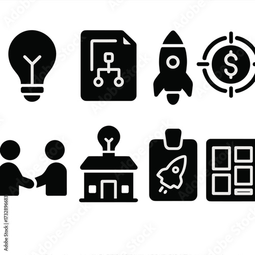 Startup Icon Set. Solid style icons of entrepreneurship and startups: lightbulb idea, business plan file, startup rocket, funding