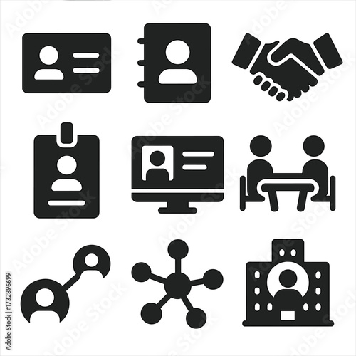 Business Networking Icons. Solid style icons of business networking and connections: business card, contact list, handshake icon,