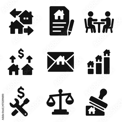 Real Estate Icons. Solid style icons of real estate negotiation and bidding: counteroffer icon, offer letter, negotiation table,
