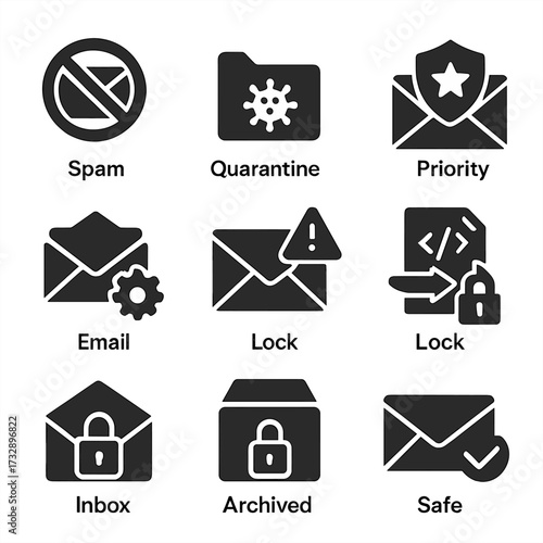 Inbox Protection Icons. Solid style icons of inbox protection and management: spam filter icon, quarantine folder, priority inbox