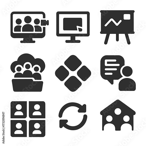 Virtual Collaboration Icons. Solid style icons of virtual collaboration tools: video call group, shared screen icon, digital