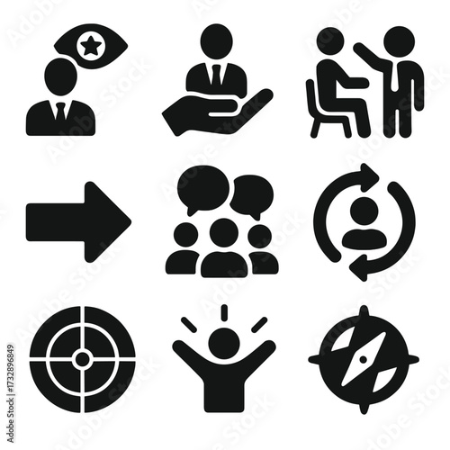 Leadership Icons Collection. Solid style icons of leadership styles: visionary leader icon, servant leadership hand, coaching icon