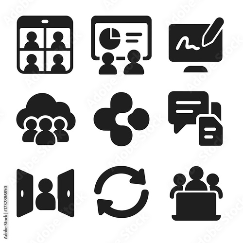 Virtual Collaboration Icons. Solid style icons of virtual collaboration tools: video call group, shared screen icon, digital