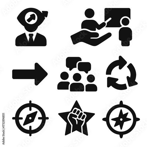 Leadership Icons Collection. Solid style icons of leadership styles: visionary leader icon, servant leadership hand, coaching icon
