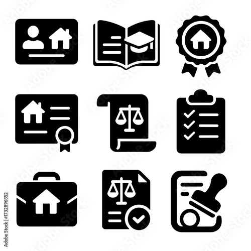 Real Estate Icons. Solid style icons of real estate certifications and licenses: realtor license, continuing education icon,