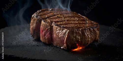 Filete de carne premium a la parrilla con marcas de asado y humo sobre fondo oscuro elegante