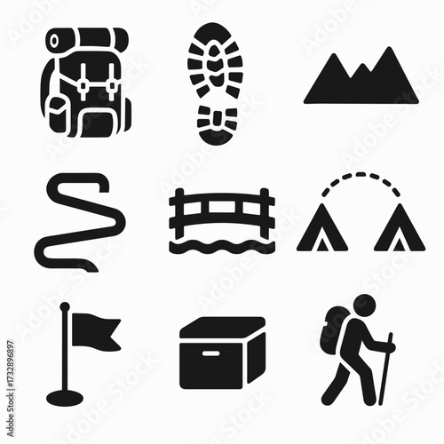 Backpacking Essentials Icons. Solid style icons of backpacking and trail travel: heavy pack with gear, trail boot print, elevation