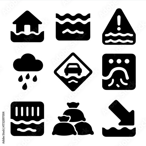 Weather Impact Icons. Solid style icons of weather water impact: flood house, water rising icon, flood alert symbol, cloudburst