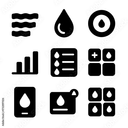 Digital Water Icons. Solid style icons of digital water indicators: wave progress bar, animated drop icon, hydration ring graph,