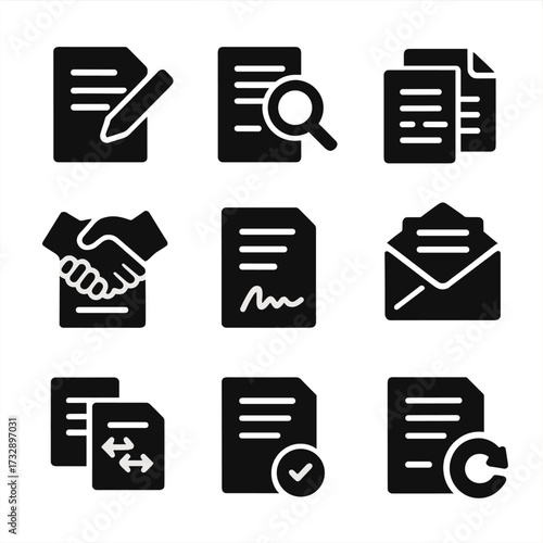 Contract Lifecycle Icons. Solid style icons of contract lifecycle stages: contract draft, review in progress, revision document,