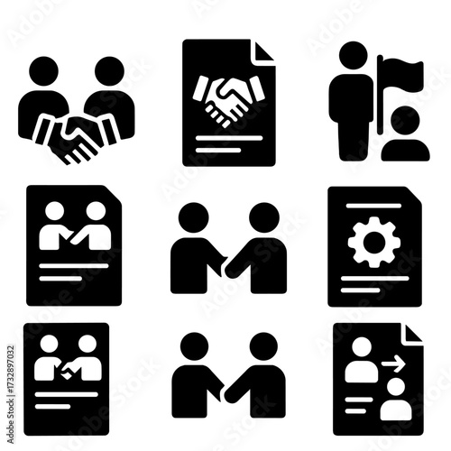 B2B Partnership Icons. Solid style icons of B2B agreements and partnerships: inter-company deal icon, partner contract, supplier