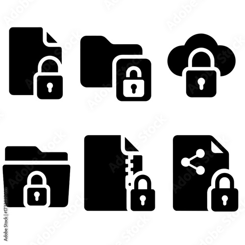 Secure File Icons. Solid style icons of folder and file locks: file icon with lock, folder with open lock, secure folder symbol,