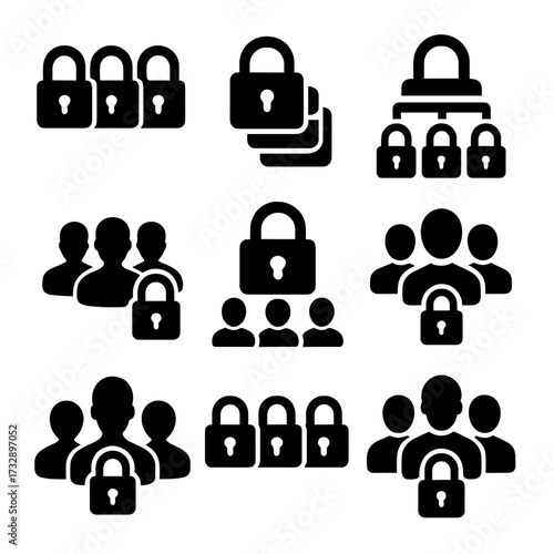 Lock Group Icons. Solid style icons of lock groups and collections: three padlocks icon, stacked locks, lock series icon, access