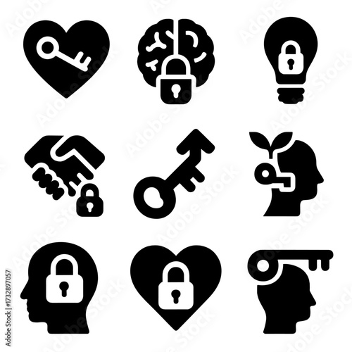 Lock and Key Icons. Solid style icons of lock and key metaphors: heart with key, brain with padlock, locked idea icon, trust lock
