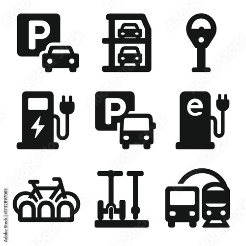 Parking and Stations Icons. Solid style icons of parking and stations: parking lot icon, multilevel parking, parking meter,