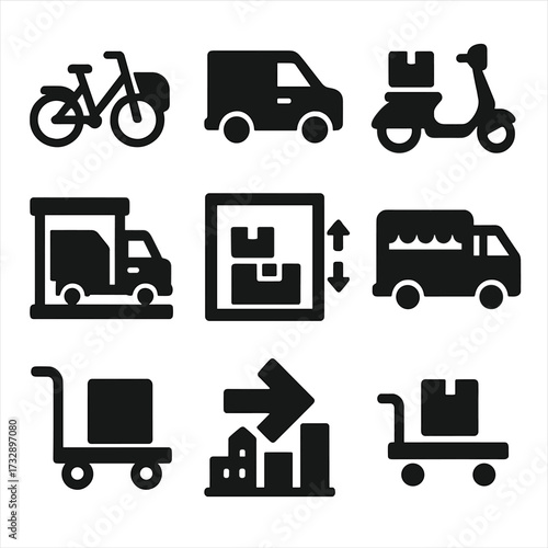 Urban Freight Icons. Solid style icons of urban freight and logistics: cargo bike, mini delivery van, warehouse truck, package on