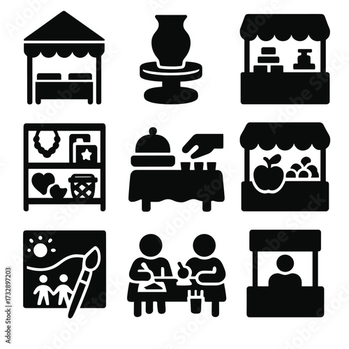 Weekend Market Icons. Solid style icons of weekend market and crafts: local market tent, pottery wheel icon, artisan soap stall,