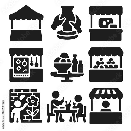Weekend Market Icons. Solid style icons of weekend market and crafts: local market tent, pottery wheel icon, artisan soap stall,