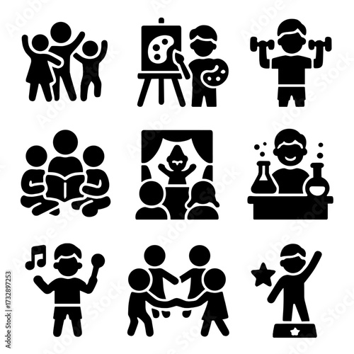 Youth Program Icons. Solid style icons of youth programs and fun: dance class for kids, painting workshop, kids fitness club,