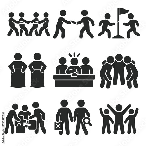Team Games Icons. Solid style icons of community team games: tug of war, relay race handoff, capture the flag, sack race, trivia