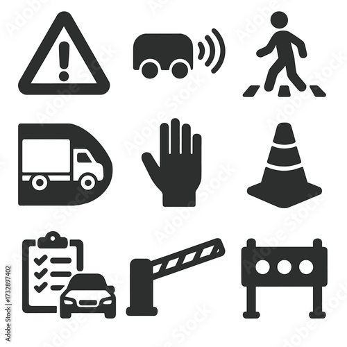 Traffic Safety Icons. Solid style icons of traffic and vehicle safety: site traffic sign, reversing alarm, pedestrian walkway icon
