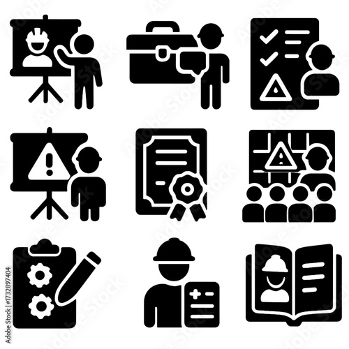 Safety Training Icons. Solid style icons of safety training and awareness: safety orientation, toolbox talk icon, checklist symbol