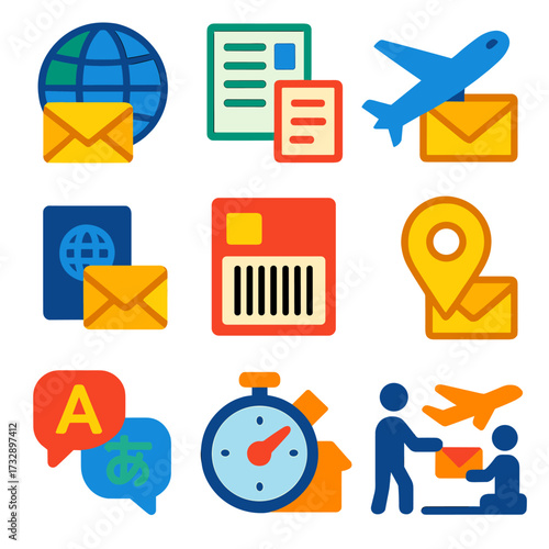 International Mail Icons. Flat vector icons of international mail: globe with envelope, customs declaration form, airplane mail.