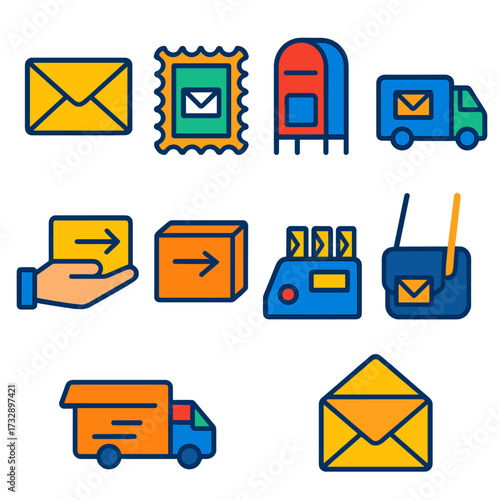 Modern Mail Icons. Flat vector icons of envelope and mail: paper envelope, postage stamp, mailbox. postal truck, courier hand,