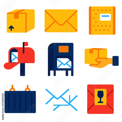 Bright Delivery Icons. Flat vector icons of package and letter delivery: small parcel, thick envelope, padded mailing bag. mailbox