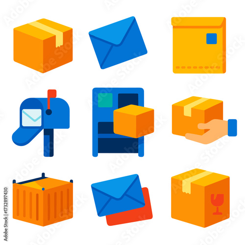 Bright Delivery Icons. Flat vector icons of package and letter delivery: small parcel, thick envelope, padded mailing bag. mailbox