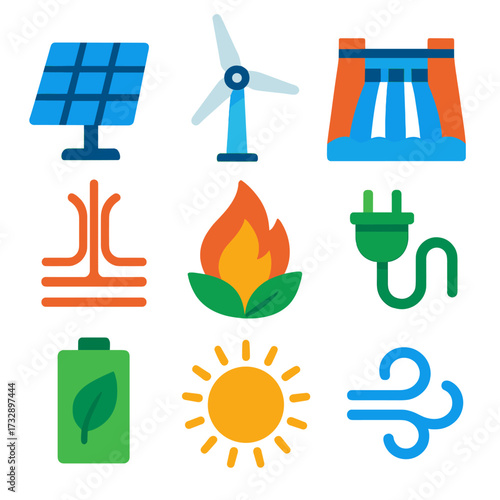 Renewable Energy Icons. Flat vector icons of renewable energy: solar panel, windmill, hydroelectric dam. geothermal symbol,