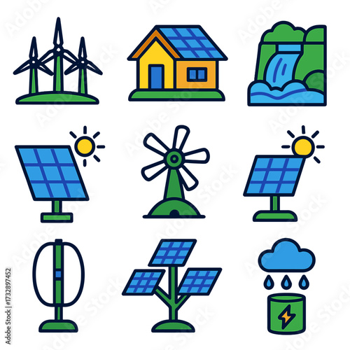 Green Power Icons. Flat vector icons of green power generation: wind farm, rooftop solar, small hydro plant. solar tracker,