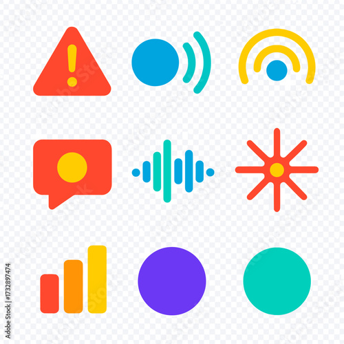 Vibrant Sound Icons. Flat vector icons of beeps and pings: alert ping, electronic beep, scan sound icon. ping notification, system