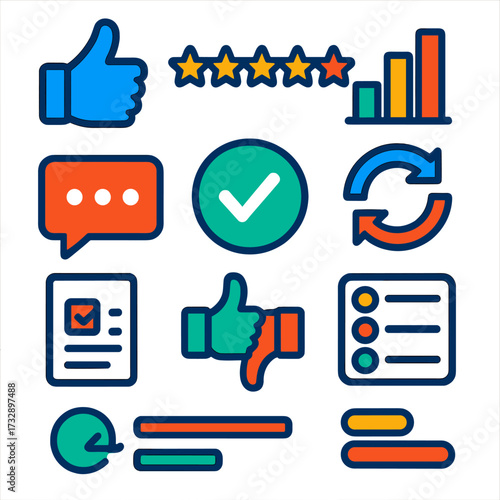Modern Feedback Icons. Flat vector icons of digital feedback: thumbs up icon, star rating, poll result. review bubble, approval