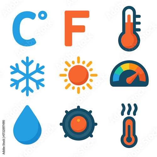 Vibrant Climate Icons. Flat vector icons of temperature and climate: Celsius symbol, Fahrenheit symbol, mercury thermometer, icy