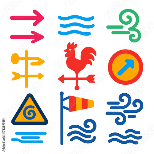 Wind Condition Icons. Flat vector icons of wind conditions: strong wind arrows, breeze lines, wind gust swirl, wind vane,