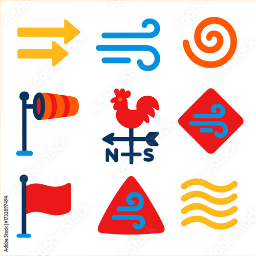 Wind Condition Icons. Flat vector icons of wind conditions: strong wind arrows, breeze lines, wind gust swirl, wind vane,