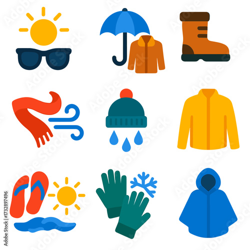 Weather-Themed Clothing Icons. Flat vector icons of daily clothing and weather: sunglasses and sun, umbrella and coat, snow boots,
