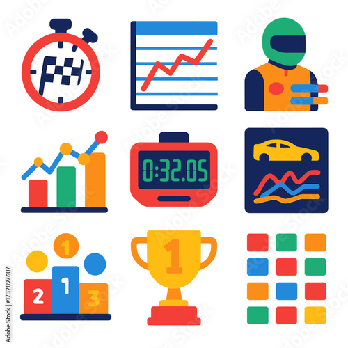Racing Stats Icons. Flat vector icons of racing records and stats: fastest lap icon, lap chart, driver stats, sector time graph,